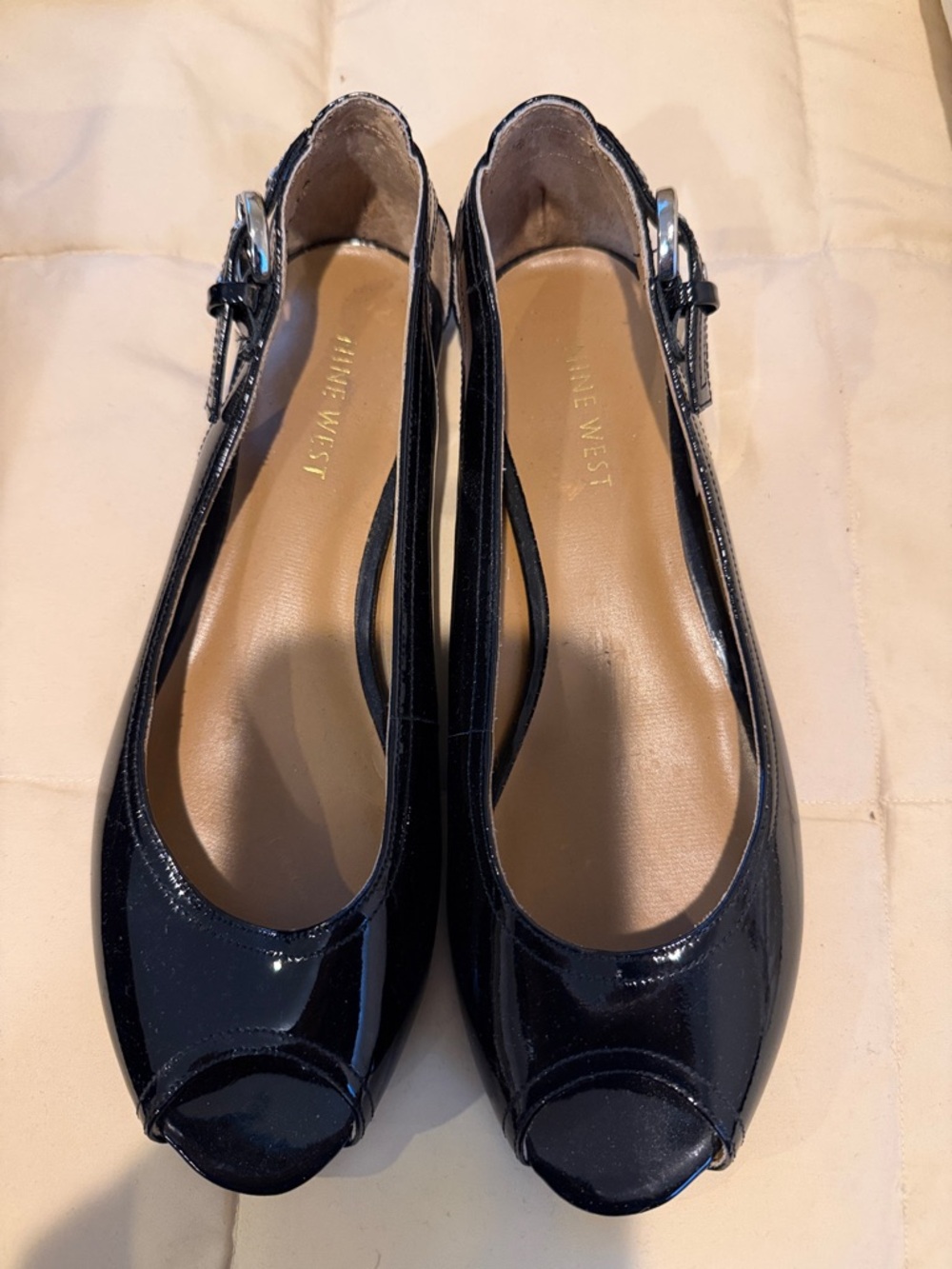 Nine West Black Patent Peep-Toe Slingback Flats